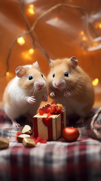 Dos ratas blancas y marrones en un fondo de Navidad con regalos