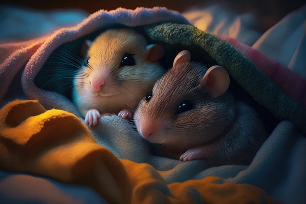 Dos ratas cómodas durmiendo juntas en su colorida cama con juguetes