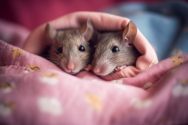 Foto dos ratas envueltas en una manta, una de las cuales está cubierta por una manta rosa.