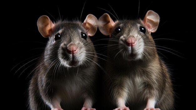 Dos ratones grises sobre un fondo negro