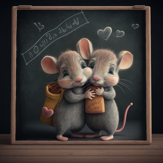 Foto dos ratones tomándose de la mano y abrazándose frente a la junta escolar