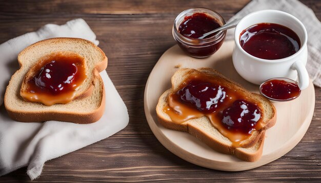 dos rebanadas de pan con mermelada y mermelada en una mesa de madera