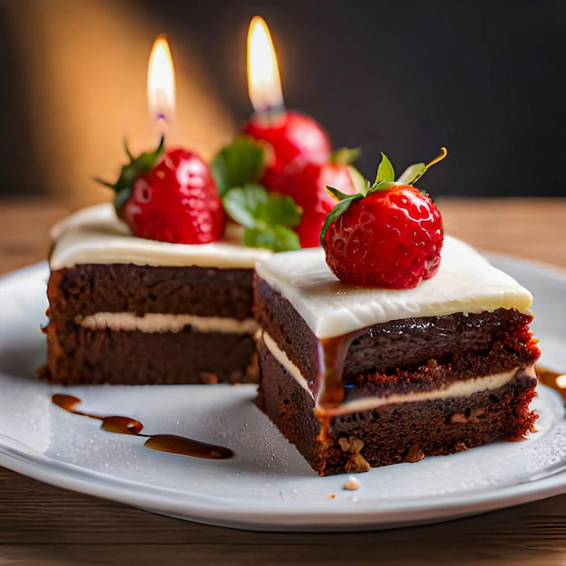 Dos rebanadas de pastel con dos fresas encima.