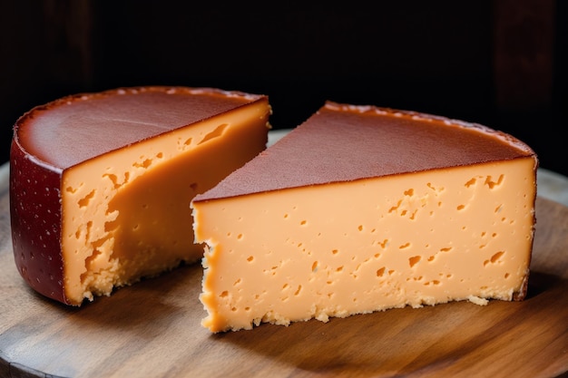 Dos rebanadas de pastel de queso con calabaza en una tabla de madera