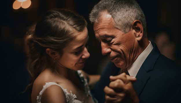 Dos recién casados se abrazan al aire libre sonriendo con felicidad generada por IA