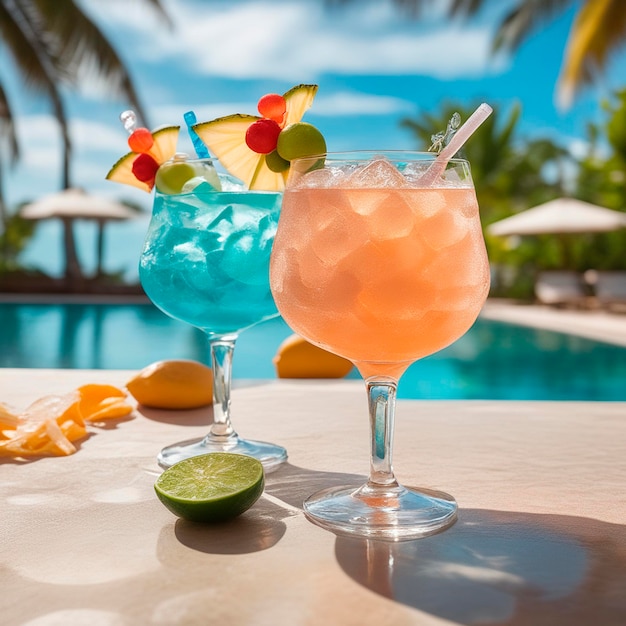 dos refrescos coloridos cerca de la piscina del hotel