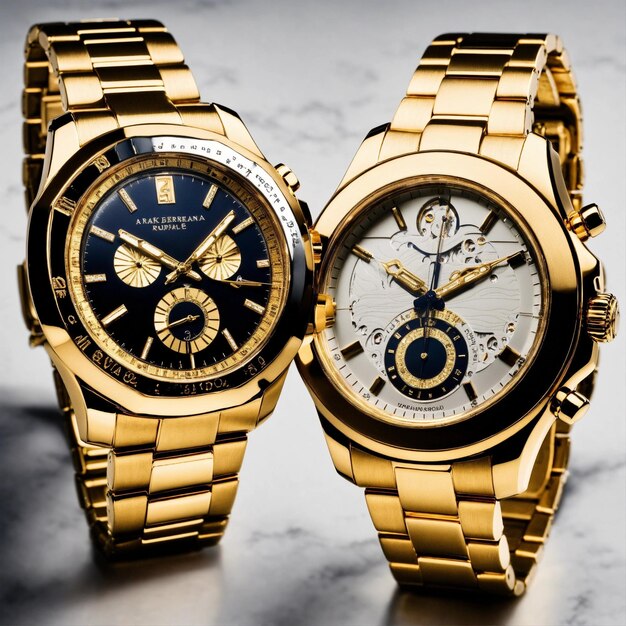Dos relojes de oro caros producto disparado fondo blanco
