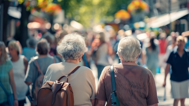 Dos residentes de edad avanzada con las espaldas hacia la cámara charlan animadamente mientras se abren camino a través de la multitud de