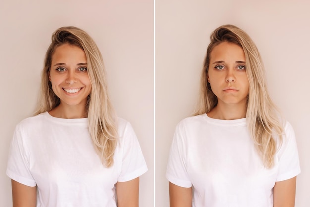 Foto dos retratos de una joven rubia caucásica con camiseta blanca alegre y triste de fondo beige