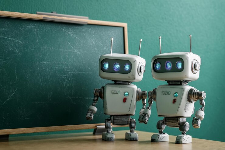 Foto dos robots antiguos de pie frente a una pizarra que simboliza el futuro de la tecnología educativa