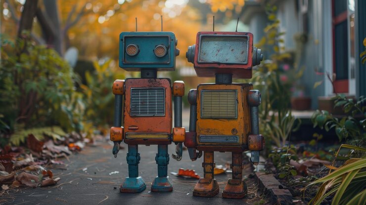 Dos robots antiguos de pie en un jardín de otoño que evocan la nostalgia y la integración