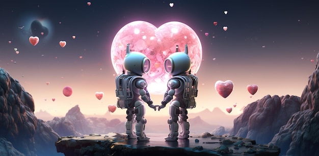 Dos robots astronautas con atractivos rasgos faciales tomados de la mano frente a un corazón rosado gigante