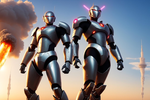 Dos robots en un cielo al atardecer