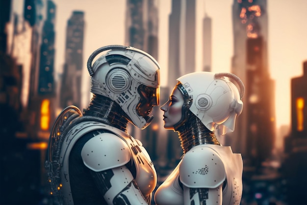 Dos robots enamorados una pareja Inteligencia artificial Tecnología digital Mundo inteligente digital Metaverso Día de San Valentín Amantes futuristas Humanoide cyborg IA generativa