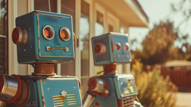 Dos robots de estilo vintage de pie fuera de una casa mezclando diseño retro con tecnología moderna