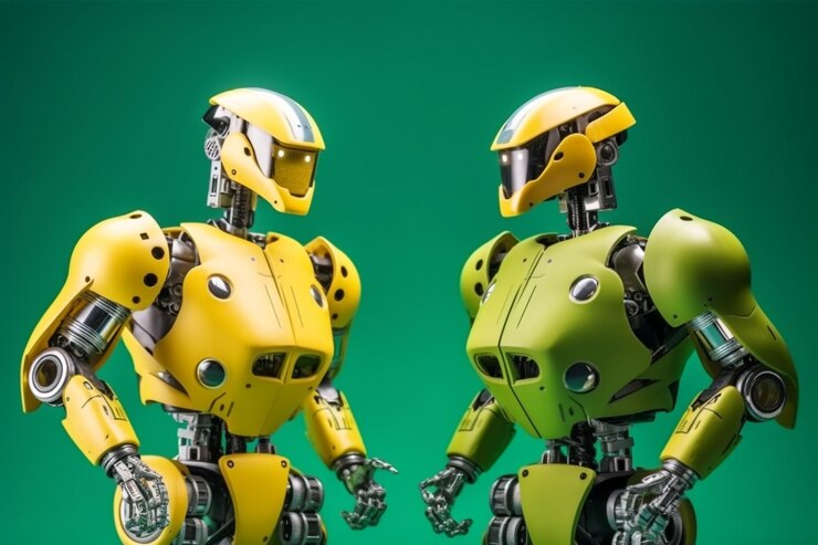 Foto dos robots futuristas antes del partido en ai generativo de color amarillo y verde
