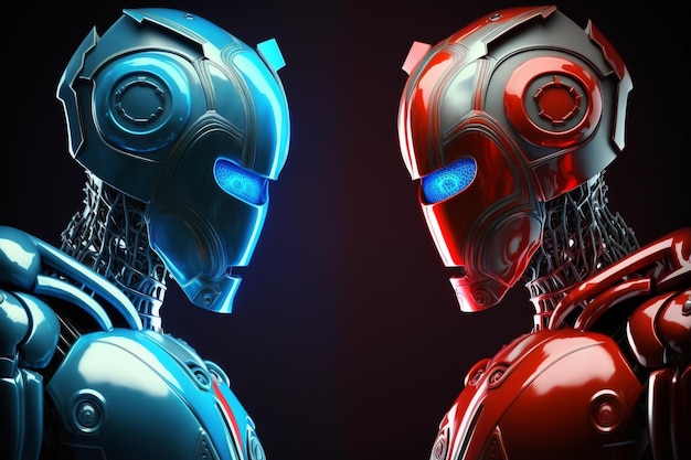 Dos robots futuristas antes del partido en color azul y rojo IA generativa