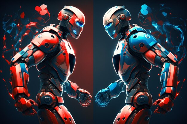 Foto dos robots futuristas antes del partido en color azul y rojo ia generativa