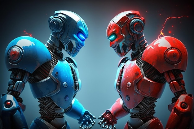 Dos robots futuristas antes del partido en color azul y rojo IA generativa