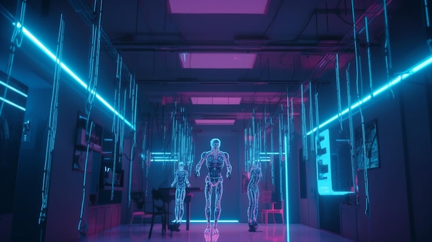 Dos robots en una habitación oscura, uno de ellos con una luz de neón azul.