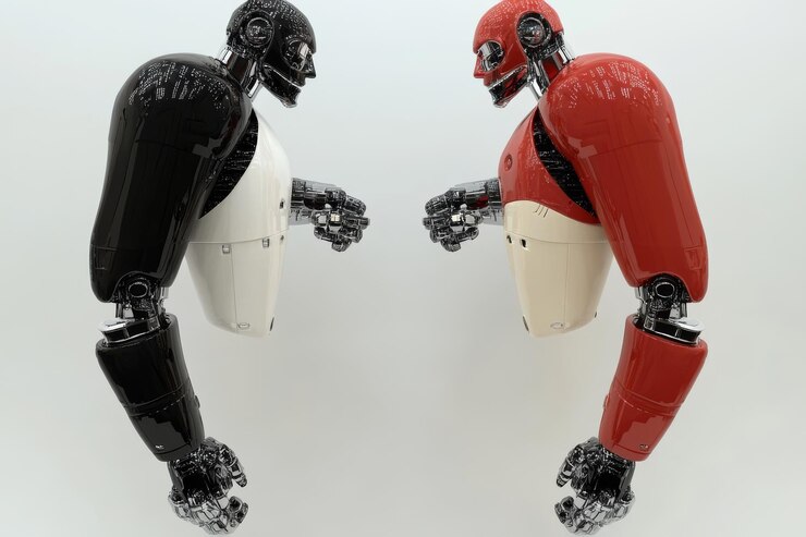 Foto dos robots humanoides se enfrentan en un enfrentamiento que simboliza la naturaleza competitiva de la ia y la ro