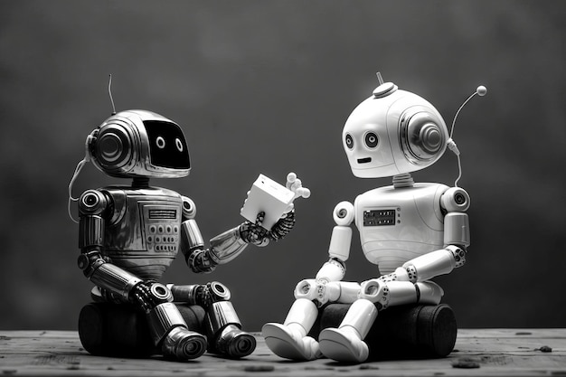 Dos robots sentados en una mesa de madera Fotografía en blanco y negro IA generativa