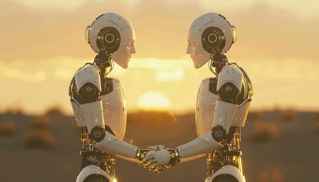 Foto dos robots se toman de la mano y se miran el uno al otro por una imagen generada por una ia