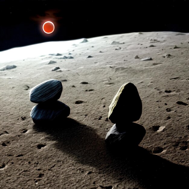 dos rocas sentadas en la parte superior de una playa de arena al lado de un objeto rojo en la distancia con una luna en el sk