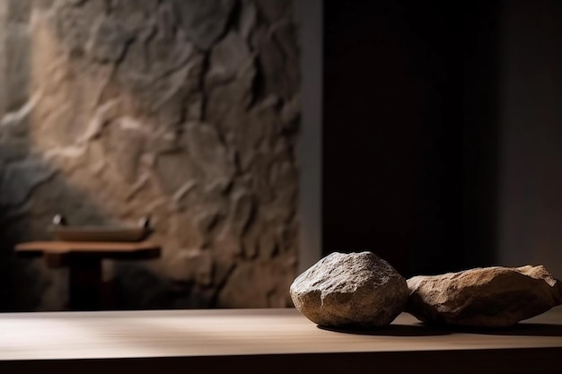 Dos rocas sobre una mesa con un muro de piedra al fondo