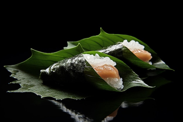 Dos rollos de sushi en una hoja verde en el espacio negro