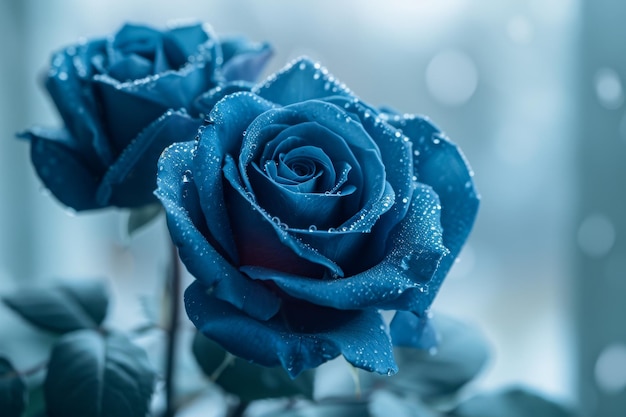 Dos rosas azules con gotas de rocío en ellas