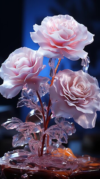 Dos rosas azules rosas adornan un jarrón lleno de agua