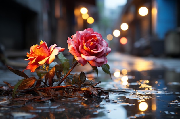 dos rosas rojas se sientan en una calle mojada bajo la lluvia