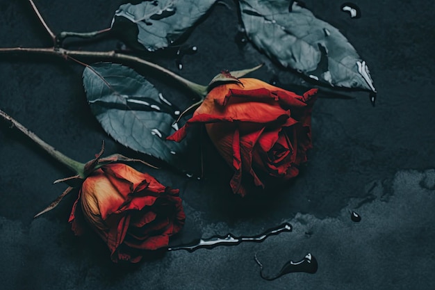 Dos rosas rojas vibrantes descansando sobre una mesa de madera IA generativa