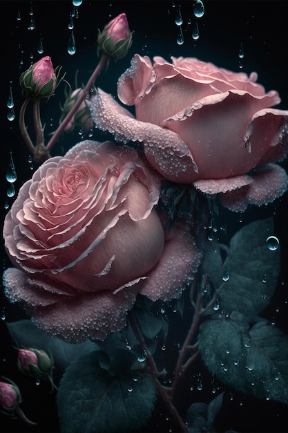 Dos rosas rosadas con gotas de agua sobre ellas ai generativo