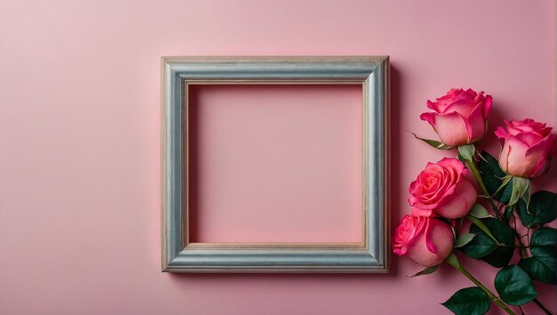 Dos rosas rosas y un marco de plata sobre un fondo rosado