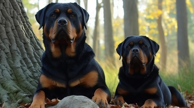 Dos rottweilers se sientan en el bosque