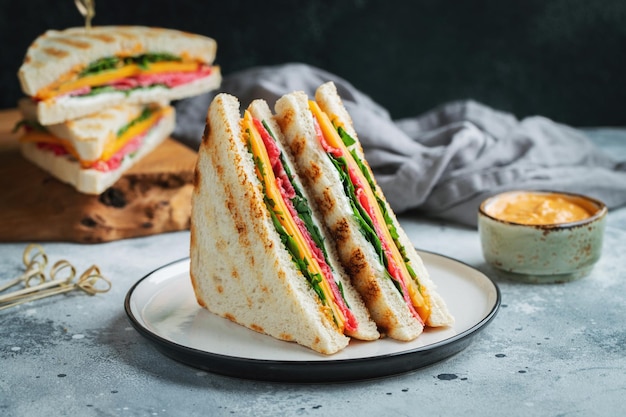 Dos sándwiches caseros con queso salchicha y rúcula sobre un fondo de hormigón ligero El concepto de una comida rápida o bocadillo en el trabajo o la escuela Con espacio de copia