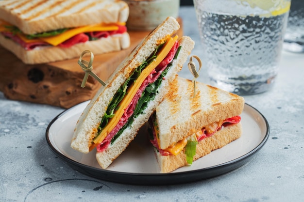 Dos sándwiches caseros con queso de salchicha y rúcula sobre un fondo de hormigón ligero