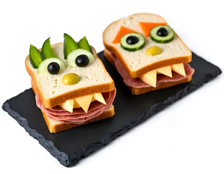 dos sándwiches de Halloween con una cara hecha de verduras