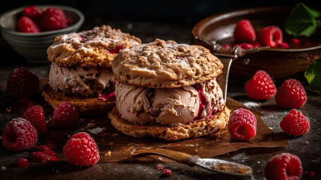 Dos sándwiches de helado con frambuesas en una mesa