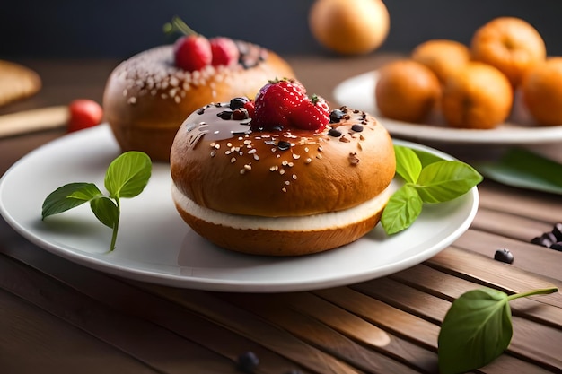 Dos sándwiches en un plato con fruta al lado