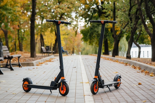 Dos scooters eléctricos modernos en el parque durante la puesta de sol. Vehículo ambiental. Preocupación por el medio ambiente.