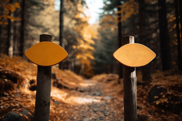 dos señales de madera que dirigen caminos a través de árboles en el estilo de amarillo claro y bronce claro Gen