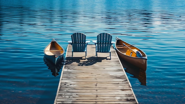 Foto dos sillas adirondack en un muelle de madera frente a las aguas azules de un lago en muskoka en ia generativa