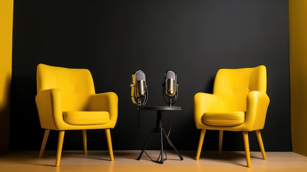 Dos sillas amarillas en una habitación con una pared negra detrás y un micrófono sobre la mesa