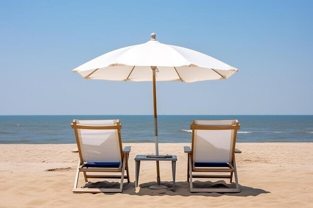 Foto dos sillas de descanso bajo un paraguas en una playa