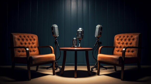 Foto dos sillas en una habitación oscura con micrófonos para conversaciones de medios o conceptos de transmisores de podcast