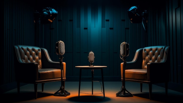 Foto dos sillas en una habitación oscura con micrófonos para conversaciones de medios o conceptos de transmisores de podcast