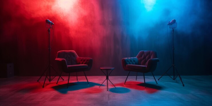 Dos sillas y micrófonos en la sala de podcasts o entrevistas en fondo oscuro como un amplio estandarte para conversaciones de medios o conceptos de streamers de podcasts